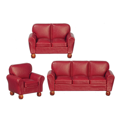 Leather Sofa Set, Burgundy, 3 Pieces